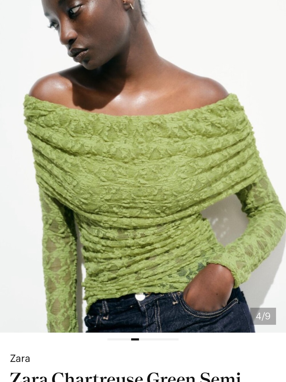 Zara Chartreuse Lace Off-Shoulder Sweater